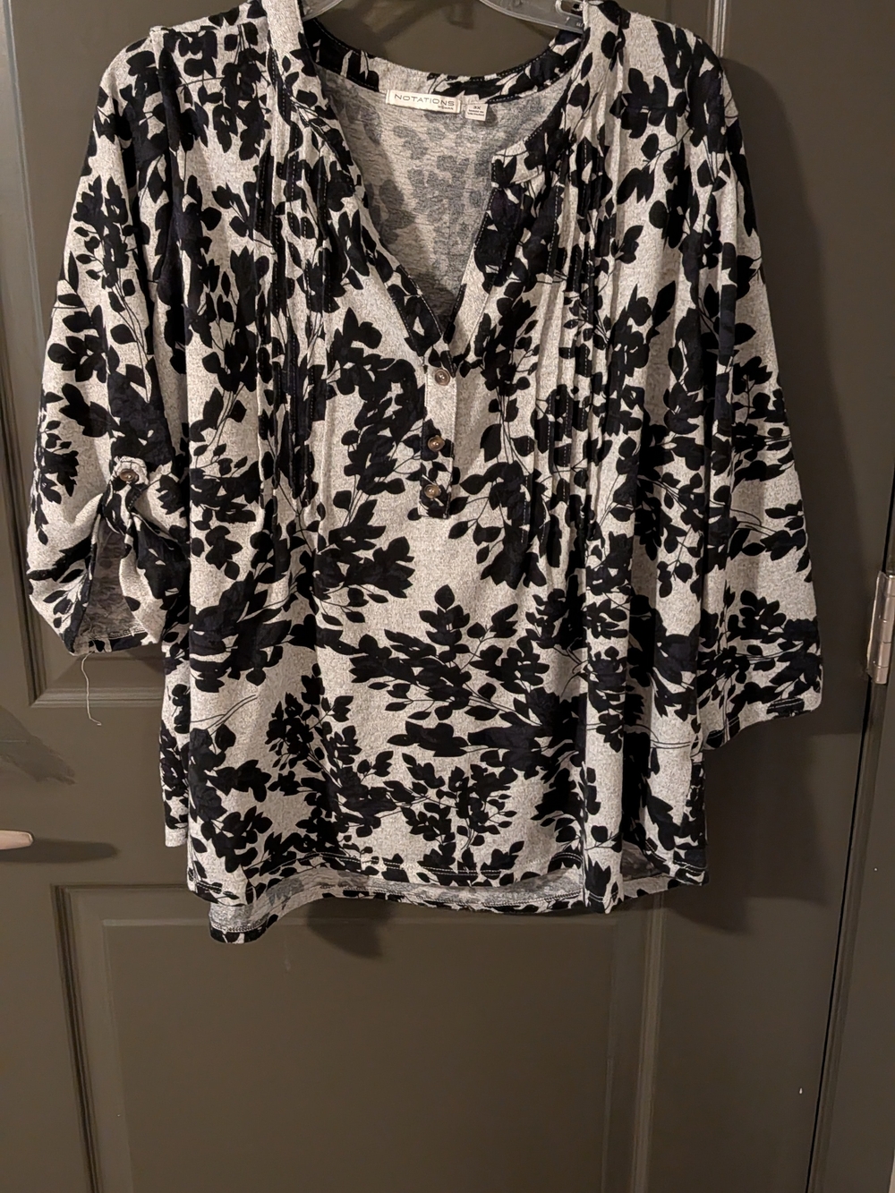 Notations Black and Gray Floral Button Henley Top